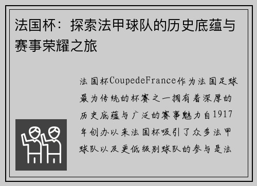 法国杯：探索法甲球队的历史底蕴与赛事荣耀之旅